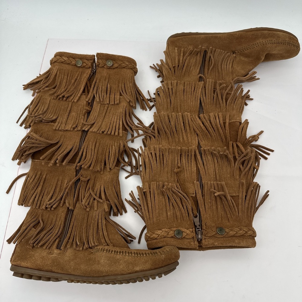 Minnetonka Women Brown  Suede 5-Layer Fringe Moccasin Side Zip Boots size 7